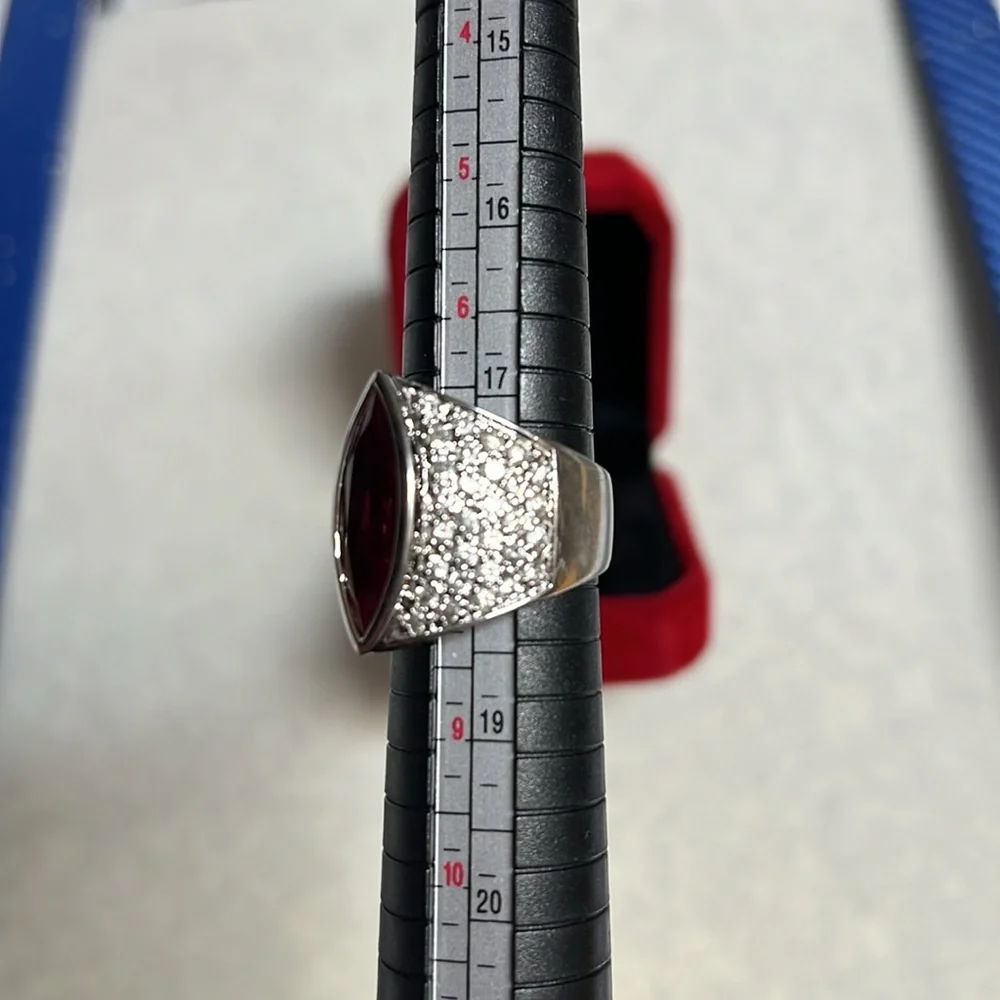Silver Ring with Dark Pink Stone & Zirconia size 8